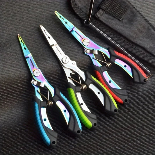 Pince de pêche portable multifonction en acier inoxydable avec revêtement en titane coloré pour couper les hameçons et les lignes de pêche