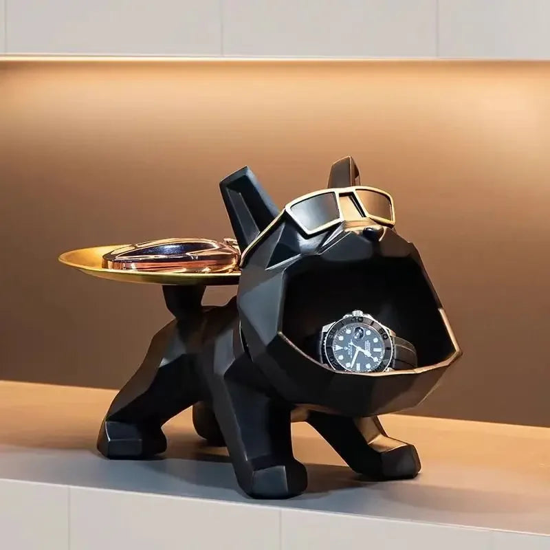 Statue de bouledogue en résine, avec plateau, pour rangement de clés, bijoux, décoration de maison, sculpture d'animal
