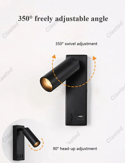 New Led Wall Lamp Sconce with Switch Black Brass Creative USB Port Reading Wall Lamp with 3W Spotlight for Bedroom Bedside
