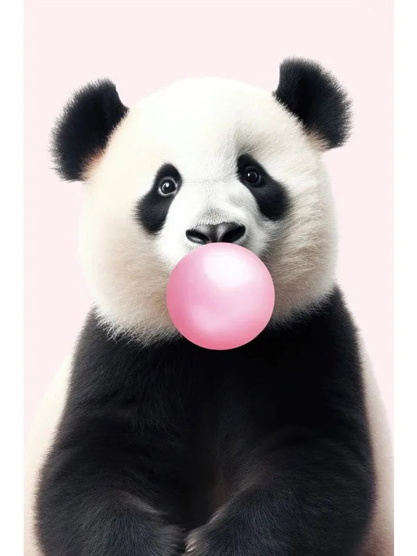 Lindo Panda Rosa Jirafa Conejo Guepardo Cebra Soplando Chicle Póster Lienzo Pintado para Habitación Infantil Decoración con Estampados de Animales