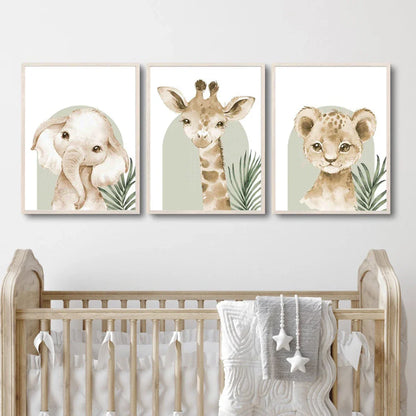 Cuadro Nórdico Moderno con Estampados de Animales Lindos Elefante Jirafa Gato, Lienzo, Póster para Sala de Estar, Sala de Juegos, Habitación de Niños, Decoración del Hogar