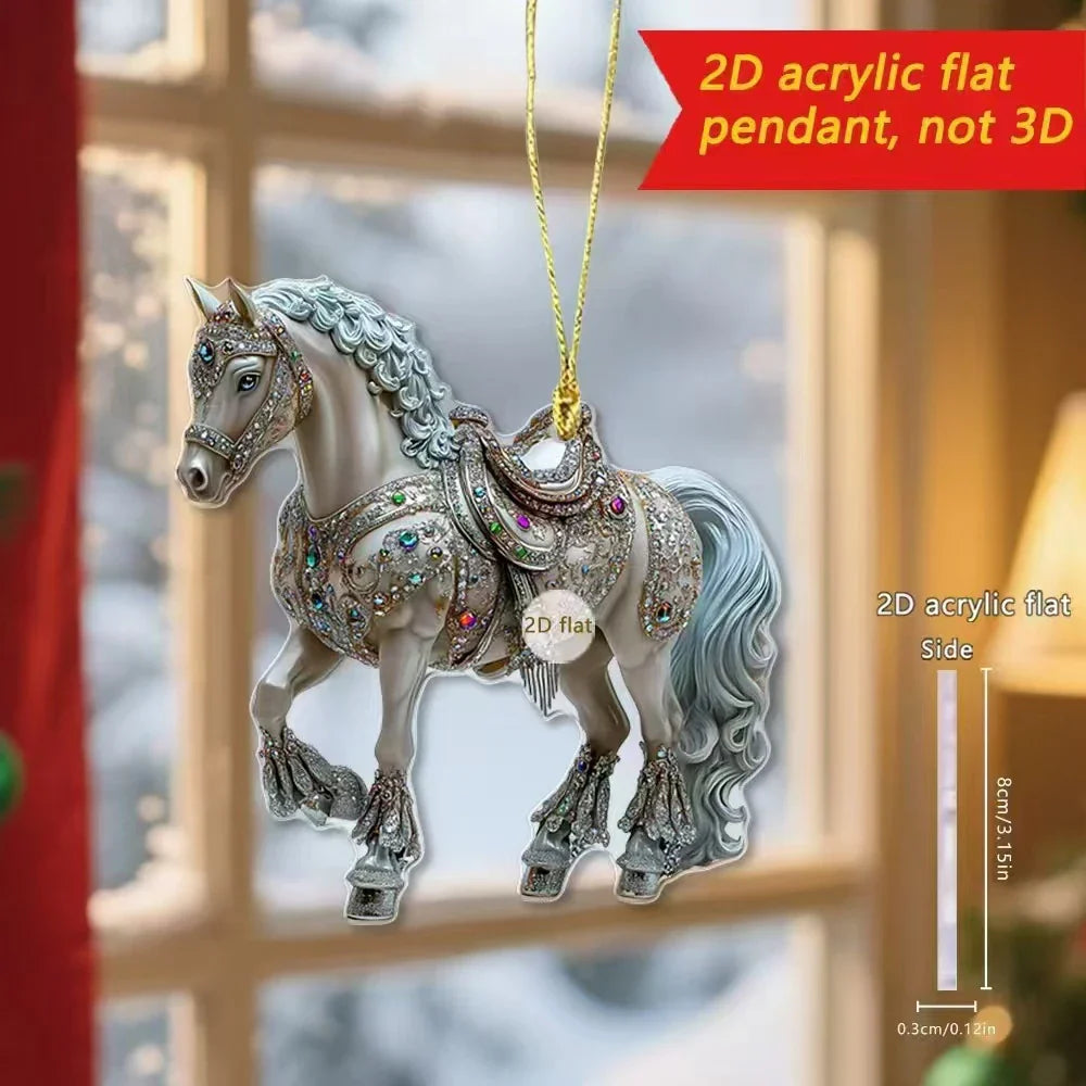 Pendentif de rétroviseur de voiture cheval acrylique 2D, ornement de sapin de Noël, décoration de fête de Nouvel An à suspendre
