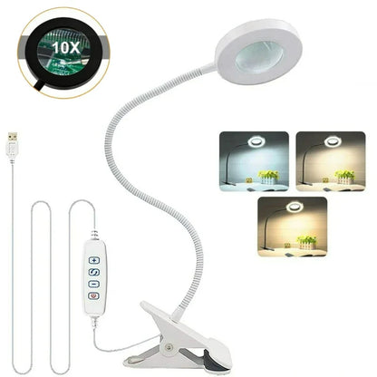 10X Magnifying Desk Lamp | LED Gooseneck Clamp Light with 3 Color Modes