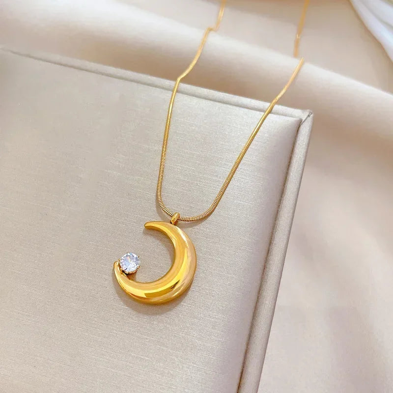 Crescent Moon Pendant Necklace | Vintage Stainless Steel Choker for Women
