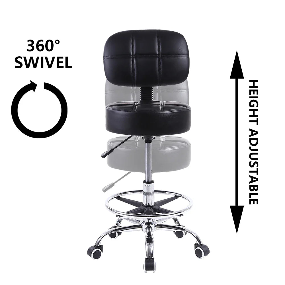 Taburete giratorio con ruedas de cuero sintético, altura ajustable, silla de dibujo con respaldo
