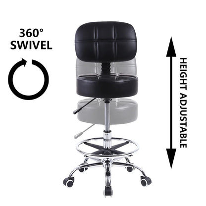 Taburete giratorio con ruedas de cuero sintético, altura ajustable, silla de dibujo con respaldo