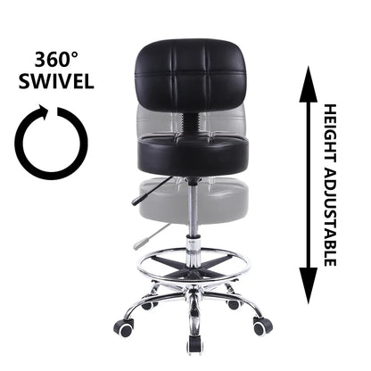 Swivel Rolling Stool PU Leather Height Adjustable Drafting Task Chair with Back