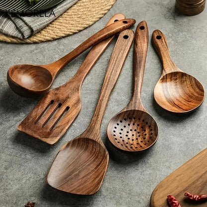 5PCS Cuchara de Cocina de Teca de Tailandia Herramienta de Vajilla de Madera Natural Cucharón Espátula Colador de Arroz Espumadera de Sopa Utensilios