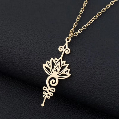 Stainless Steel Unalome Pendant Necklace | Yoga Jewelry with Lotus Flower