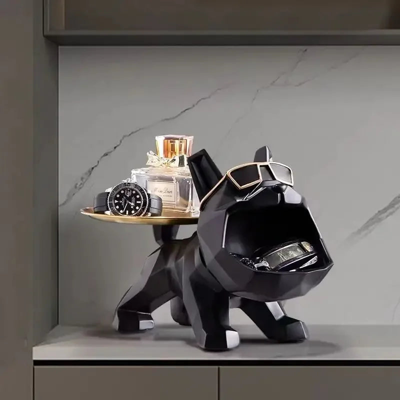 Statue de bouledogue en résine, avec plateau, pour rangement de clés, bijoux, décoration de maison, sculpture d'animal
