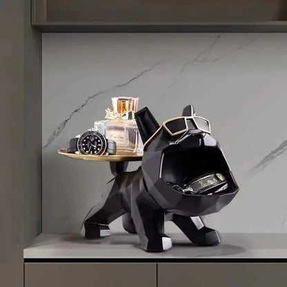 Statue de bouledogue en résine, avec plateau, pour rangement de clés, bijoux, décoration de maison, sculpture d'animal