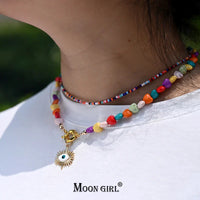 Heart Choker Necklace with Colorful Beads | Bohemian Eye Pendant Set for Women
