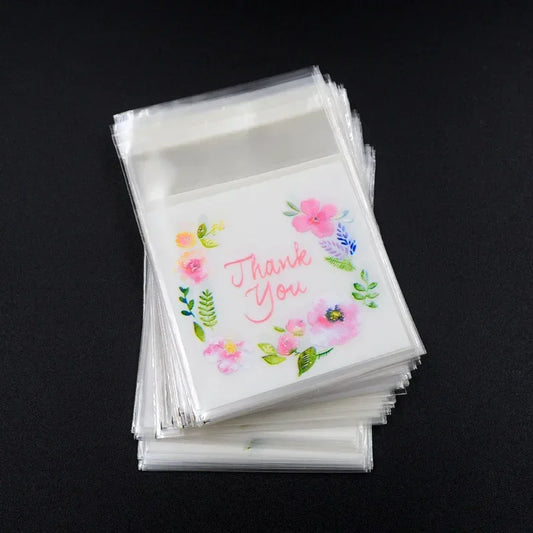 Self-Adhesive Clear Plastic Gift Bags with Thank You Print | 100 Pack Party Favor Bags