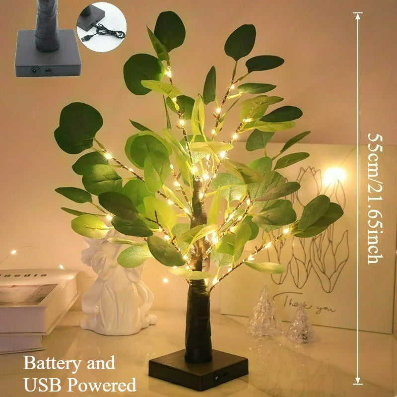 Lumières LED d'arbre d'eucalyptus artificiel, alimentées par piles USB, lumières d'arbre pour la décoration de chambres et de fêtes, lampe de Noël, cadeau de Thanksgiving