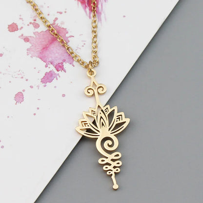 Stainless Steel Unalome Pendant Necklace | Yoga Jewelry with Lotus Flower