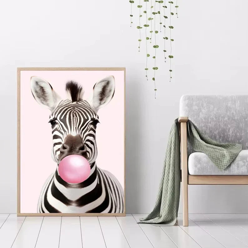 Lindo Panda Rosa Jirafa Conejo Guepardo Cebra Soplando Chicle Póster Lienzo Pintado para Habitación Infantil Decoración con Estampados de Animales
