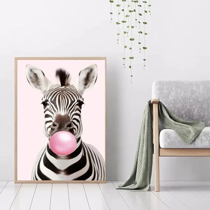 Lindo Panda Rosa Jirafa Conejo Guepardo Cebra Soplando Chicle Póster Lienzo Pintado para Habitación Infantil Decoración con Estampados de Animales