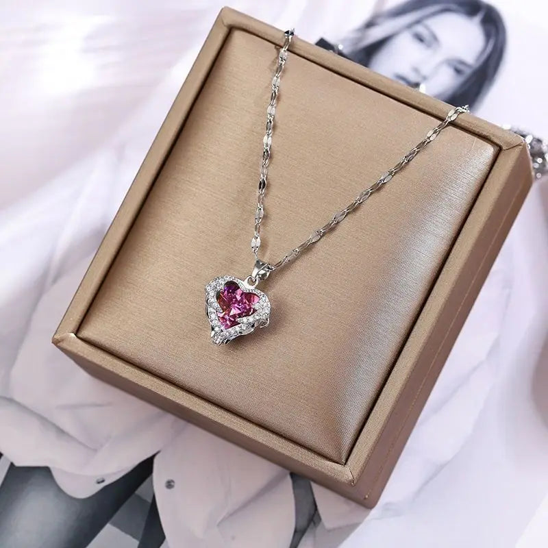 Stainless Steel Crystal Heart Pendant Necklace | Ocean Blue Water-Wave Chain for Women
