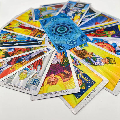 Jeu de cartes de divination laser Tarot espagnol en feuille d'or pour débutants 12x7cm avec guide bilingue