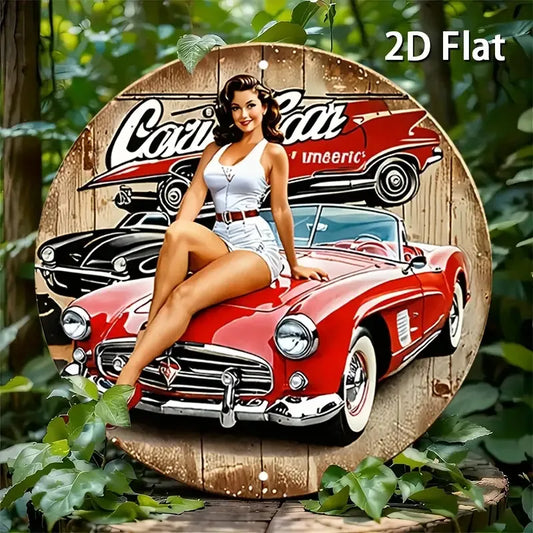 [2D Flat] Vintage Car Metal Tin Sign -Round Aluminum Wall Decor with Classic Car Girl Illustration, Retro Red Car