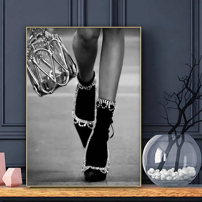 Modern Luxury Fashion Black White Art Heels Champagne Retro Poster Sticky Wall Art Printing Waterproof Home Living Bed Room Bar