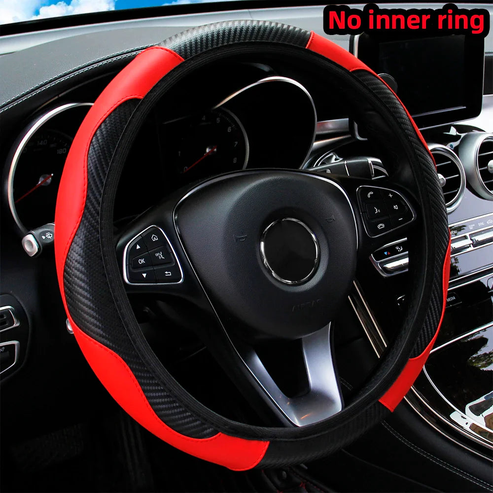 PU Carbon Fiber Leather Car Steering Wheel Cover | 14.5-15 Inch Grip Enhancer