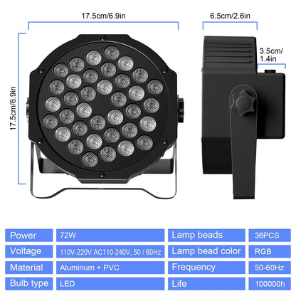 RGB Par Lights 36LED Stage Lighting – DMX512 Uplights for DJ, Party, Wedding Events