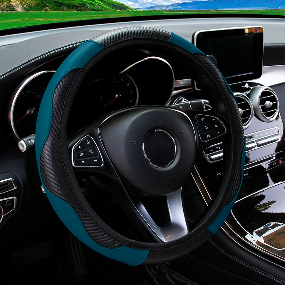 PU Carbon Fiber Leather Car Steering Wheel Cover | 14.5-15 Inch Grip Enhancer