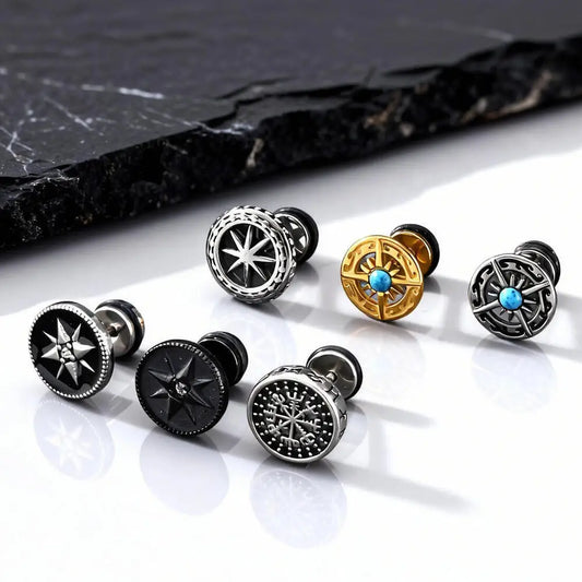 Vintage Men's Compass Stud Earrings | Stainless Steel Eight-Pointed Star Fashion Jewelry