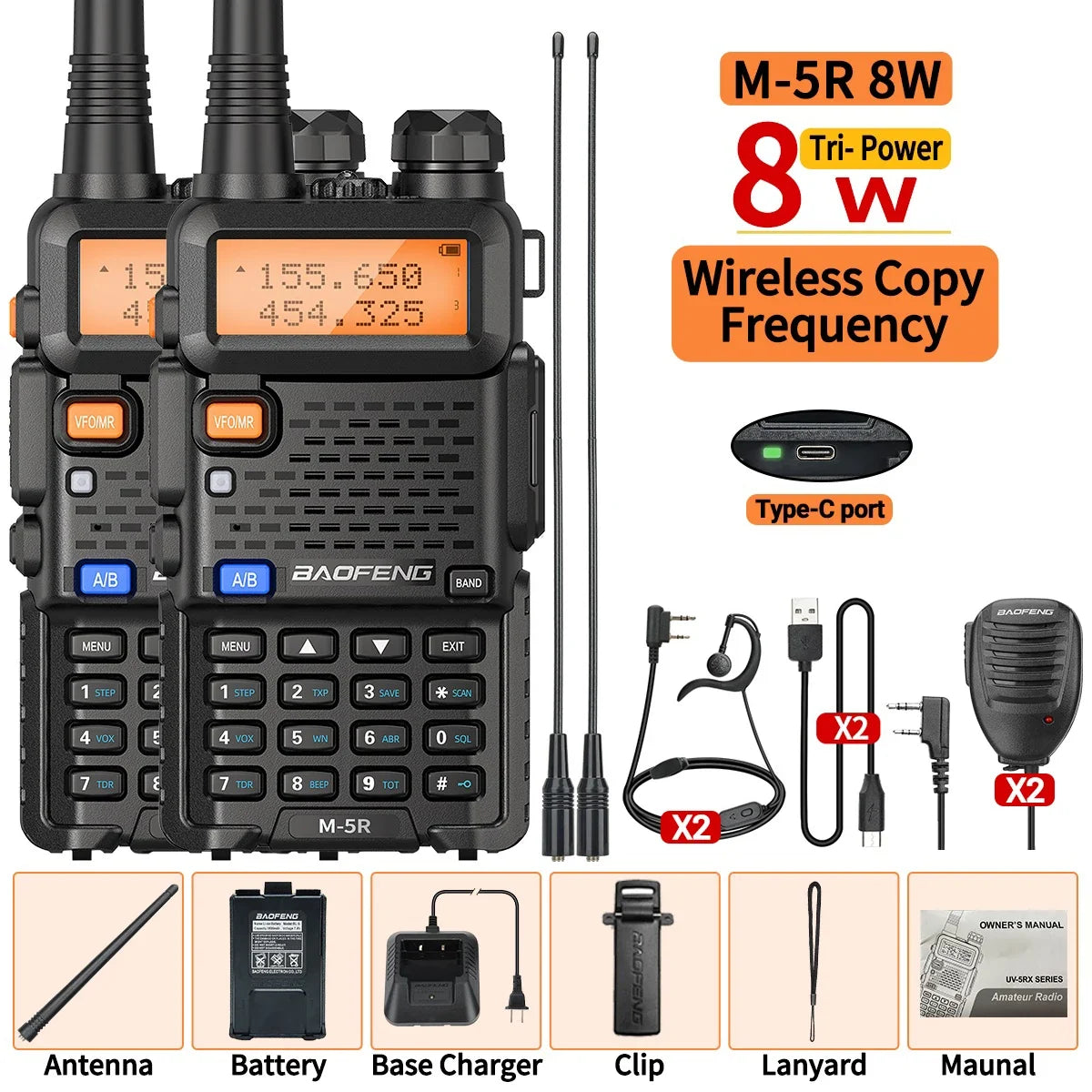 8W Multi Band Walkie Talkie Long Range Two Way Radio USB C Handheld