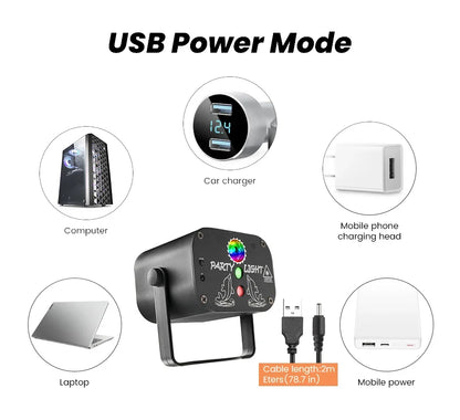 USB Laser Party Light Mini Projector 60 Patterns Sound Activated Disco Decor