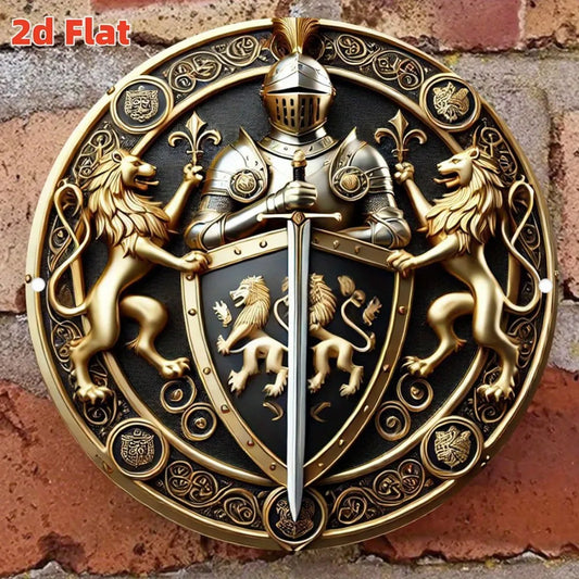 Enseigne Murale Ronde Vintage en Métal Chevalier Emblème & Garde Lion Aluminium Étain pour Décoration de Bar ou Café
