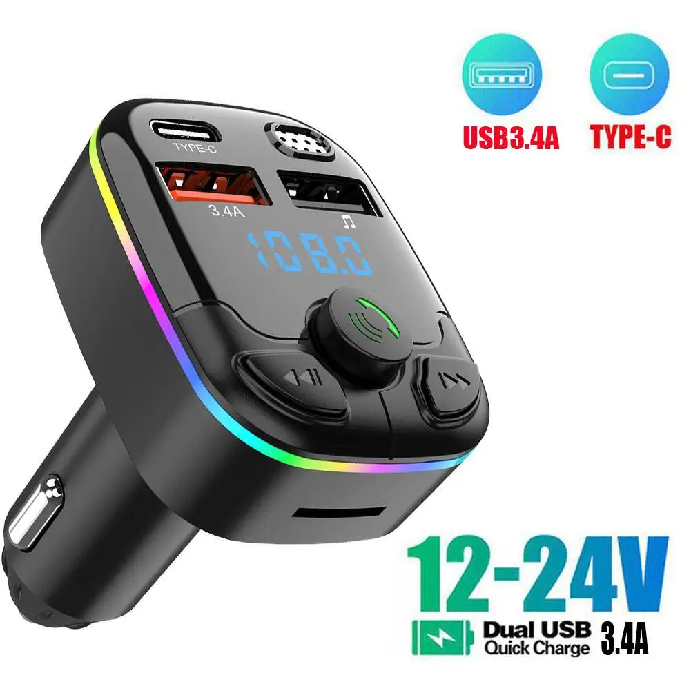 Bluetooth 5.0 FM Transmitter Car Charger with PD QC3.0 Fast Charging and Type C Adapter