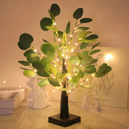 Lumières LED d'arbre d'eucalyptus artificiel, alimentées par piles USB, lumières d'arbre pour la décoration de chambres et de fêtes, lampe de Noël, cadeau de Thanksgiving