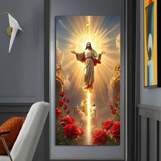 Classic Vintage Wall Art Jesus Ascension with Rose Scene, HD Canvas Print Poster, Home Living Room Bedroom Decoration