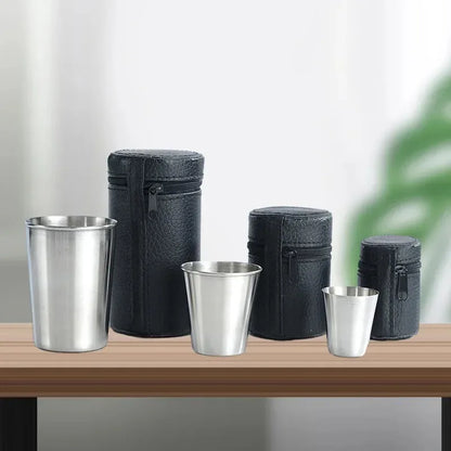 2025 Lot de 4 tasses de voyage d'extérieur en acier inoxydable, mini verres à whisky/vin avec étui, vaisselle portable 30ml/70ml/170ml