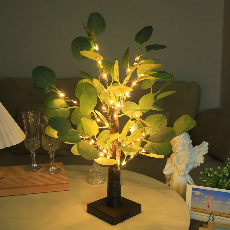 Lumières LED d'arbre d'eucalyptus artificiel, alimentées par piles USB, lumières d'arbre pour la décoration de chambres et de fêtes, lampe de Noël, cadeau de Thanksgiving