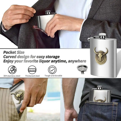 6 oz Stainless Steel Hip Flask with Bull Totem Wine Pot Portable Hip Flask Travel Alcohol Liquor Bottle
