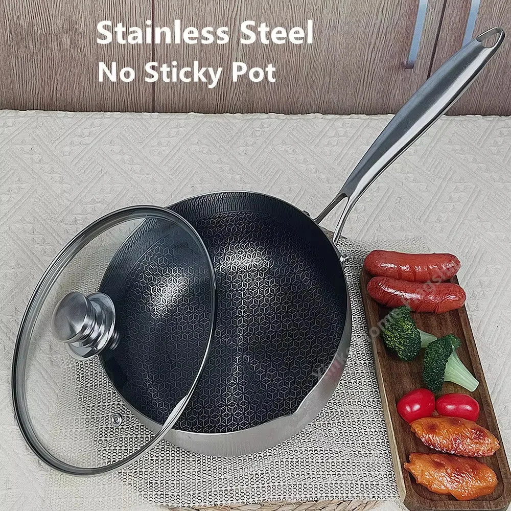 Poêle à frire en acier inoxydable, cuisson de steak, nid d'abeille, antiadhésive, fond plat, wok, compatible induction, ustensile de cuisine universel