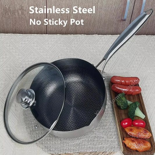 Poêle à frire en acier inoxydable, cuisson de steak, nid d'abeille, antiadhésive, fond plat, wok, compatible induction, ustensile de cuisine universel