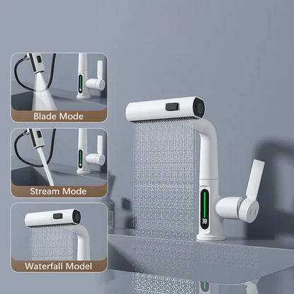Pull Out Waterfall Kitchen Faucet Digital Display Hot Cold Mixer Sink Tap