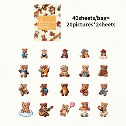Kawaii Embroidered Fabric Pet Sticker Set | 40Pcs White Kraft Paper Journal Decor