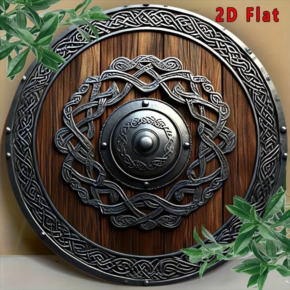 Décoration murale plate 2D en métal, bouclier Viking nordique avec nœuds celtiques, marron foncé, pour maison, bureau, bar, café