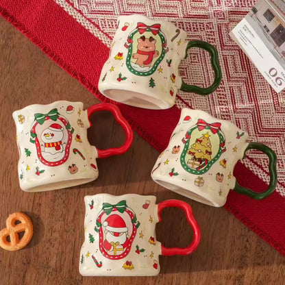 Lot de tasses de Noël en céramique, 380 ml, motifs bonhomme de neige/Père Noël/sapin, design mignon, cadeau de Noël idéal et vaisselle, 4 styles