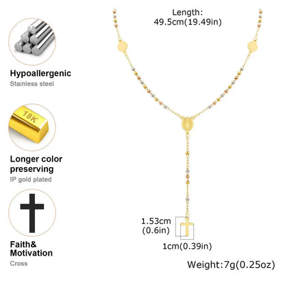 Prjewel Stainless Steel Three-Color Beaded Cross Pendant Y-Necklace | Faith-Inspired Fashion Jewelry