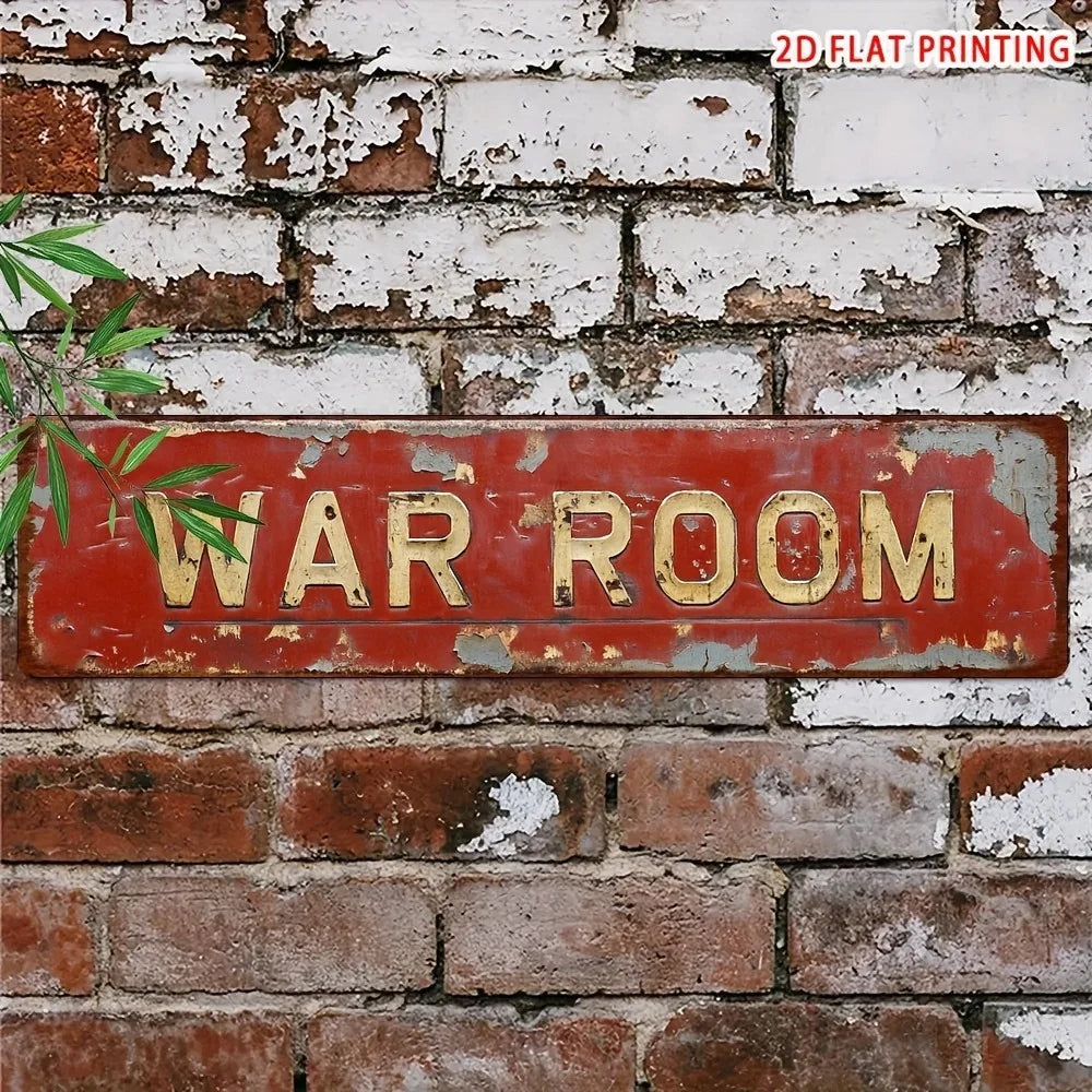 Plaque métallique décorative vintage « Retro War Room » – 10x40 cm, 2D, décor fantaisie plat, art mural pour bar, garage, ferme