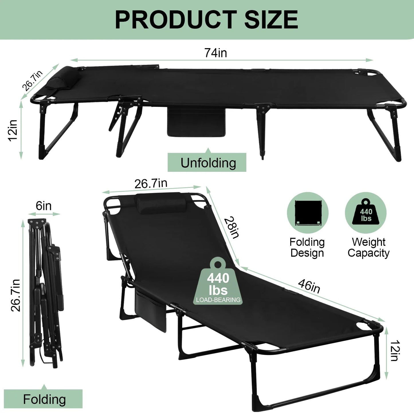 Portable Folding Camping Cot Adjustable Reclining Lounge Chair with Pillow