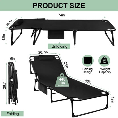 Portable Folding Camping Cot Adjustable Reclining Lounge Chair with Pillow