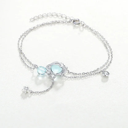 Aquamarine Crystal Encrusted Sterling Silver Bracelet | Double Layer Charm Bracelet