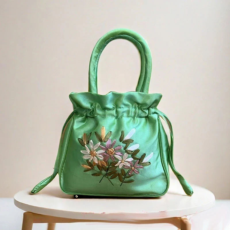 Small Embroidered Flower Bucket Bag | Women's Top Handle Drawstring Purse